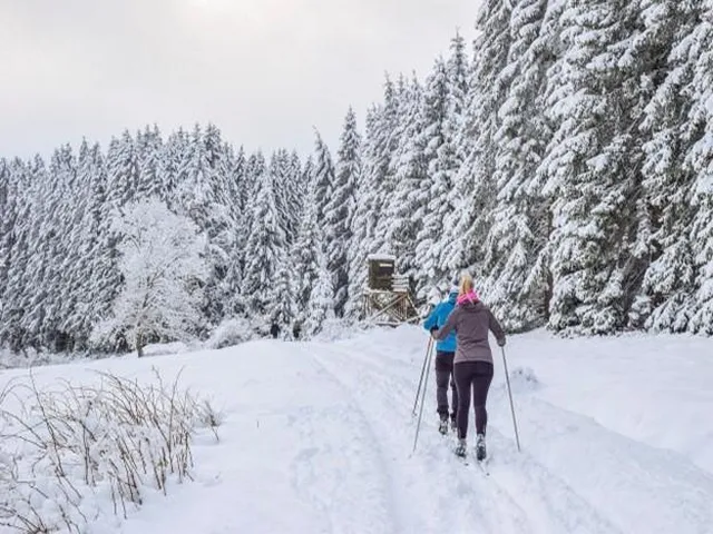 Two people skiing in the snow