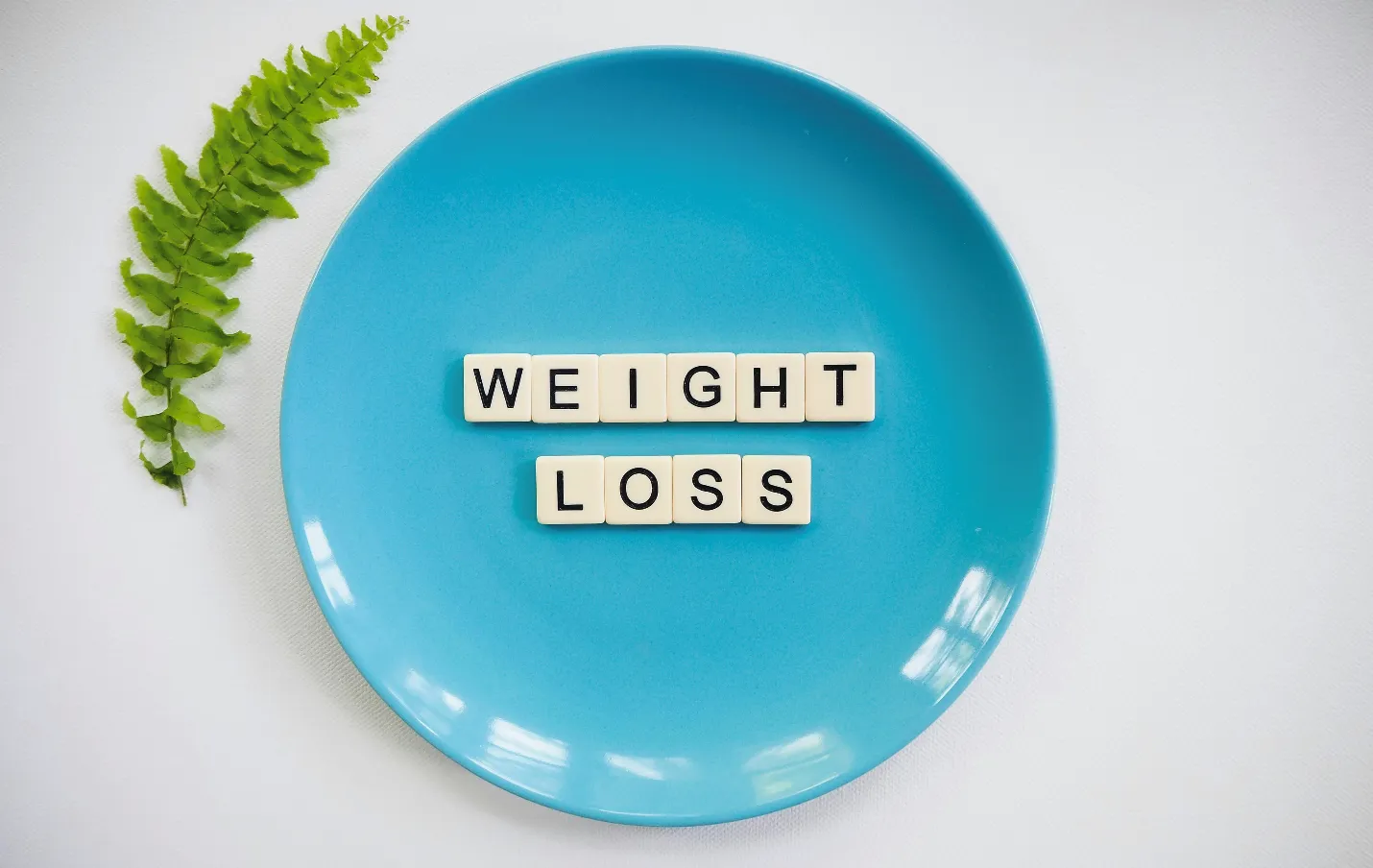 A blue plate with the words WEIGHT LOSS formed by letter tiles, and a green fern leaf beside the plate