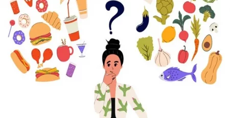 Illustration of a person surrounded by various healthy and unhealthy food items with a question mark above