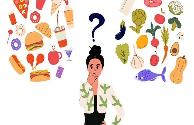 Illustration of a person surrounded by various healthy and unhealthy food items with a question mark above