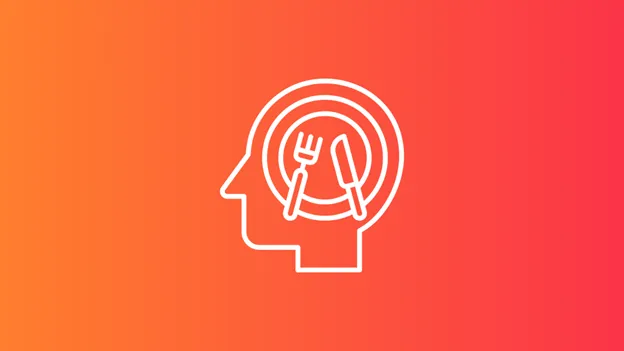 Silhouette of a head with a plate, fork, and knife icon inside, on a gradient orange-red background